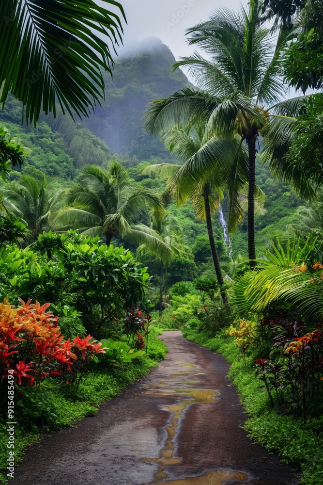 A lush tropical jungle trail with dense vegetation and vibrant green foliage. A lush tropical jungle trail with dense vegetation and vibrant green foliage.