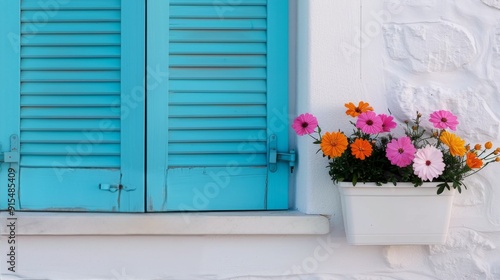 Brightly Colored Flowers in White Wall Planter Beneath Blue Shutters in Daylight