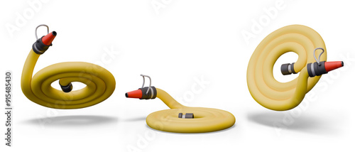 Yellow rolled fire hose with nozzle and attachment. Professional equipment