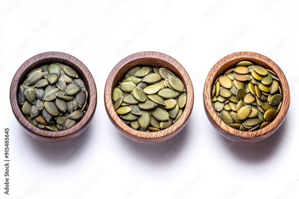 Three Wooden Bowls Filled with Pumpkin Seeds Three Wooden Bowls Filled with Pumpkin Seeds