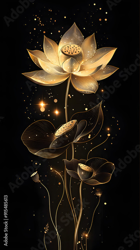 Golden Lotus Flower Silhouette in Elegant Line Work