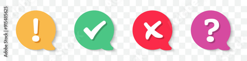 Tick, cross, question mark, exclamation point icons in speech bubble with shadow