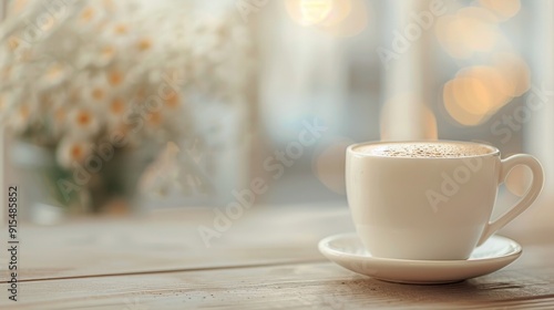 Blue Polka Dot Mug on Wooden Table in Cozy Cafe With Blurred Background