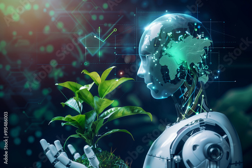 Robot hand with plants, Green technology and Environmental technology.