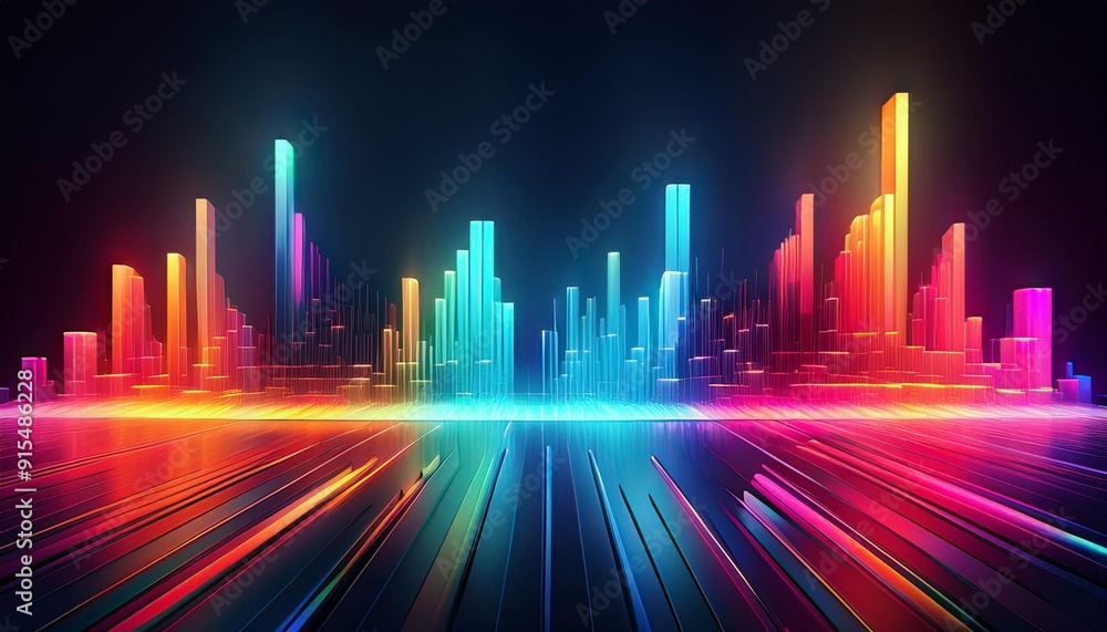 Glowing 3D equalizer bars in sound waves, 3D background music, vibrant and high-tech colorful Glowing 3D equalizer bars in sound waves, 3D background music, vibrant and high-tech colorful