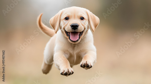 Playful Labrador retriever puppy with a wagging tail, captured in mid-jump in a sunny garden, energetic and joyful moment 