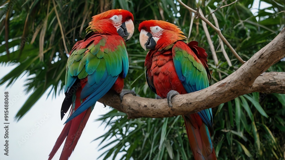 Fototapeta premium A bright red, blue, and green parrot is perched on a wooden branch. It has a black beak and is looking to the left.