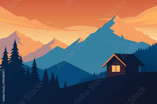 Landscape illustration of wild nature mountain morning view with sky vector