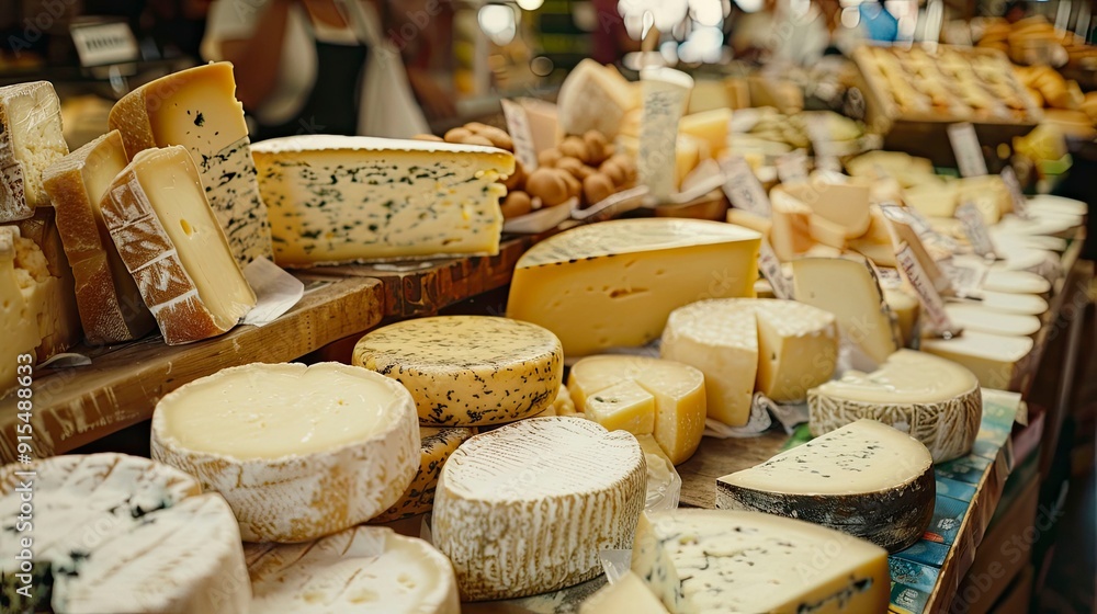 A bustling cheese market with an array of different cheeses. A bustling cheese market with an array of different cheeses.