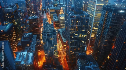 A bustling cityscape at night with illuminated skyscrapers and busy streets.