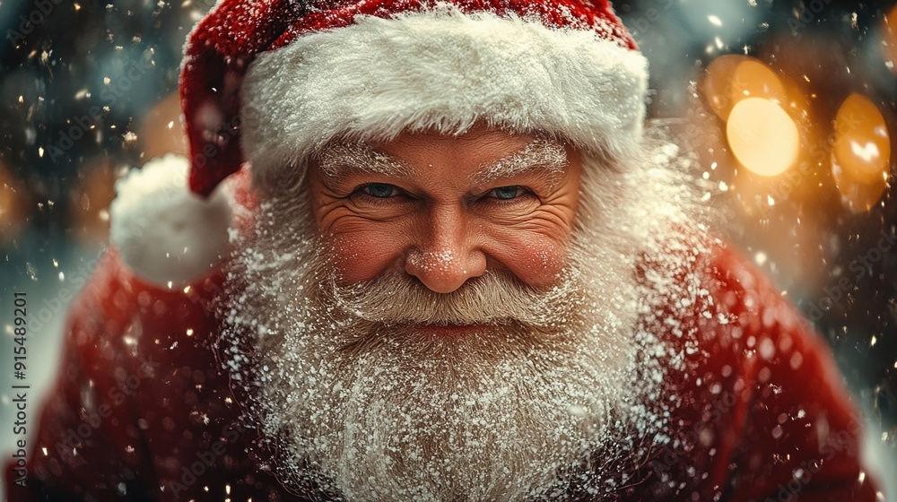 Cheerful elderly man in Santa costume with snowy beard, surrounded by holiday lights. Cheerful elderly man in Santa costume with snowy beard, surrounded by holiday lights.