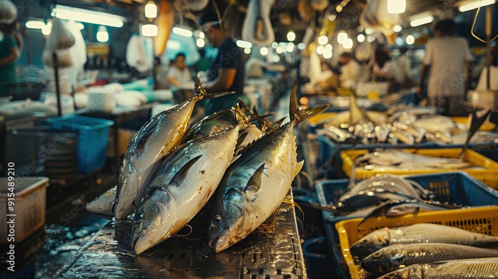 A bustling fish market with fresh catches on display. A bustling fish market with fresh catches on display.