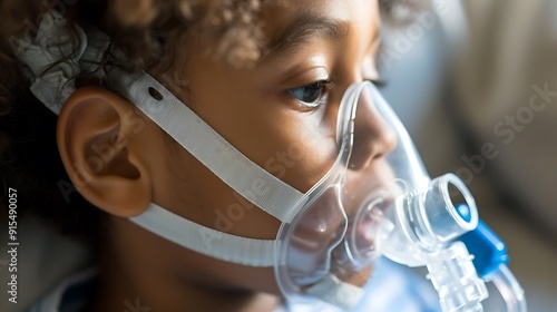 Little kid making inhalation with nebulizer at hospital. Decreasing resistance in the respiratory airway and increasing airflow to the lungs. Small child is getting bronchodilator. Copy space. photo