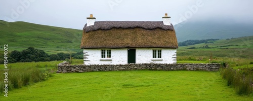 Traditional Irish cottage, stone walls, thatched roof, green hills