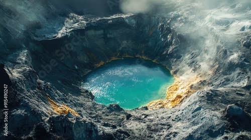 Top view of a volcanic crater with a turquoise acidic lake and surrounding sulfur deposits