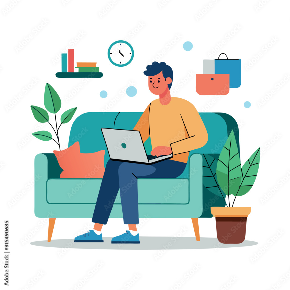 man sitting on couch with laptop flat vector illustration man sitting on couch with laptop flat vector illustration