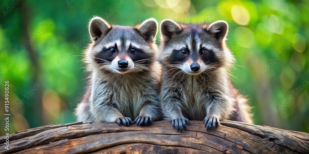 Fototapeta premium Two raccoons sitting on a log looking at the camera , Wildlife, animals, raccoons, forest, log, curious, nature, outdoor