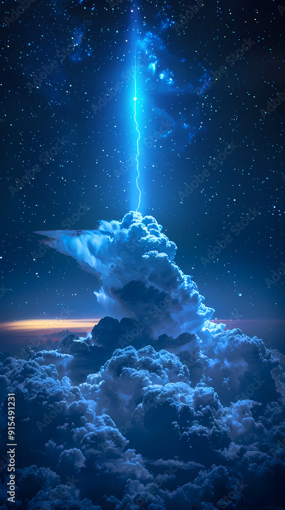 Naklejka premium The Blue Jet lightning phenomenon occurs in the upper atmosphere. When powerful blue lightning flashes shoot up from the tops of high cumulonimbus clouds.