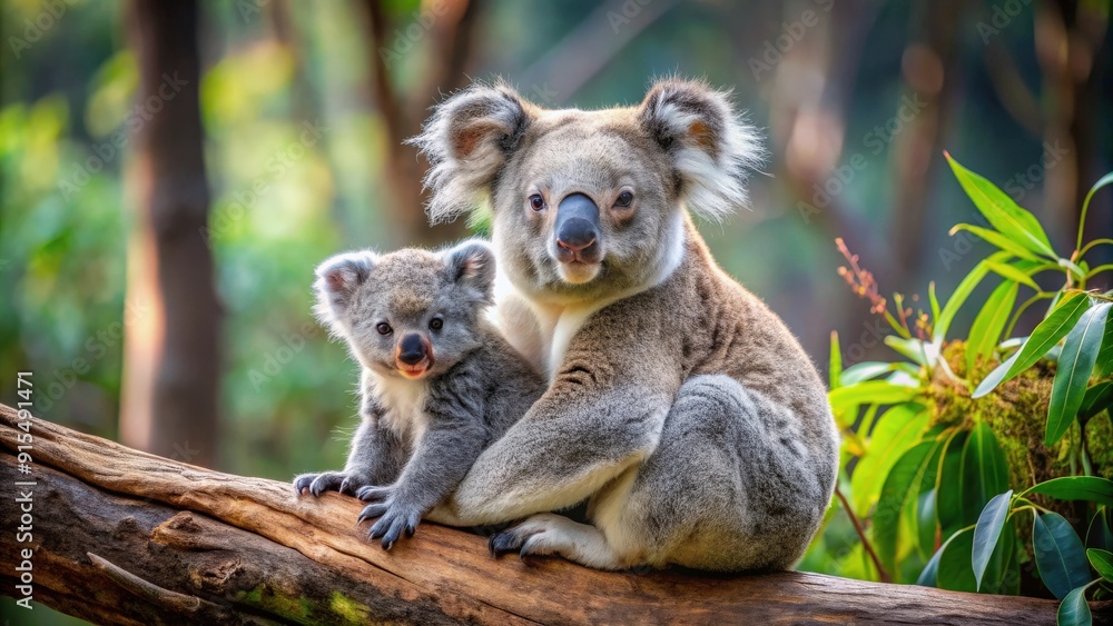 Obraz premium A koala and its joey resting in a eucalyptus forest, koala, joey, eucalyptus, forest, wildlife, Australia, mother, baby, marsupial
