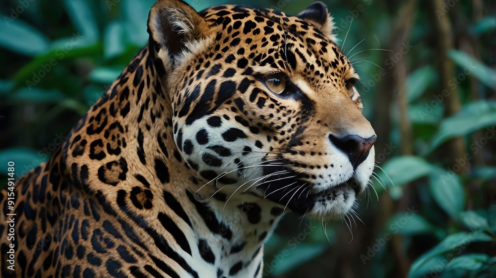Fototapeta premium A jaguar, a large wild cat with black spots on its tan fur, standing in tall grass.