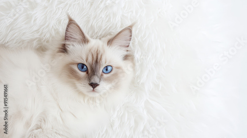 Adorable white kitten with piercing blue eyes, fluffy fur, and playful whiskers poses for a captivating portrait