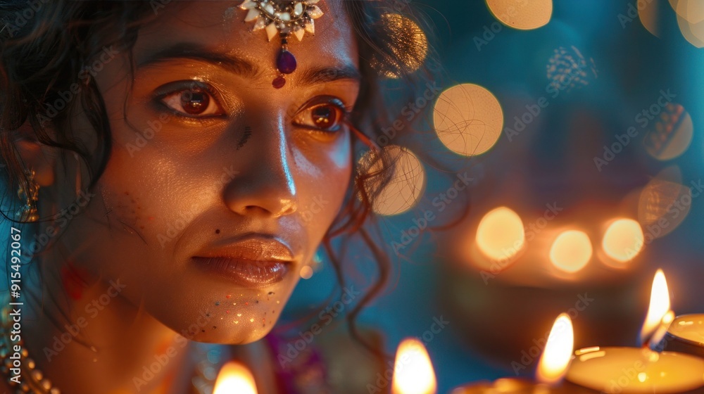 Fototapeta premium beautiful indian woman light decorative candles