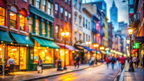 A blurry background of a bustling city street with colorful storefronts , urban, cityscape, busy, street, background