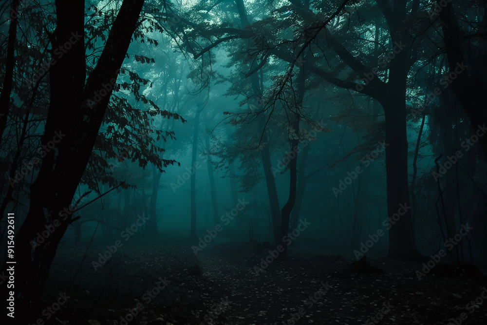 Naklejka premium A dark and gloomy path in the forest in the evening