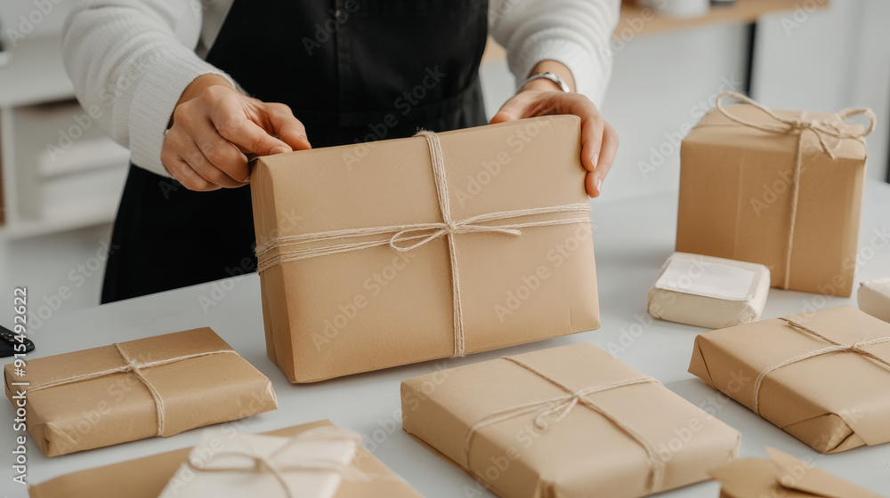 Creative packaging with recycled eco-friendly materials, worker assembling parcels Creative packaging with recycled eco-friendly materials, worker assembling parcels
