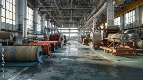 A bustling textile factory with rolls of fabric being dyed and cut.