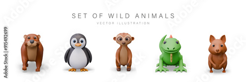 Set of wild animals in cartoon style, front view. 3D otter, penguin, meerkat, iguana, quokka