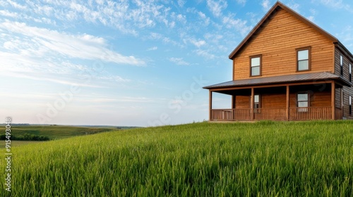 Rustic farmhouse with wraparound porch, wooden siding, rural landscape