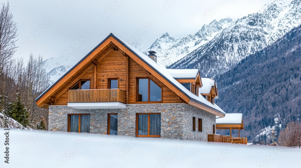 Mountain lodge with exposed timber frames, stone accents, snowy backdrop Mountain lodge with exposed timber frames, stone accents, snowy backdrop