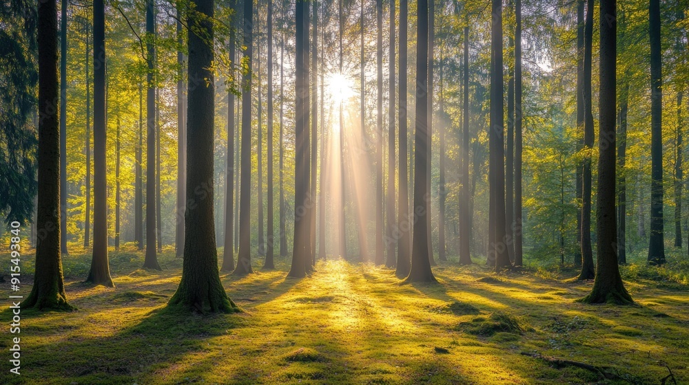 Fototapeta premium Serene forest panorama with golden sunbeams filtering through tall trees, casting a soft glow on the forest floor.