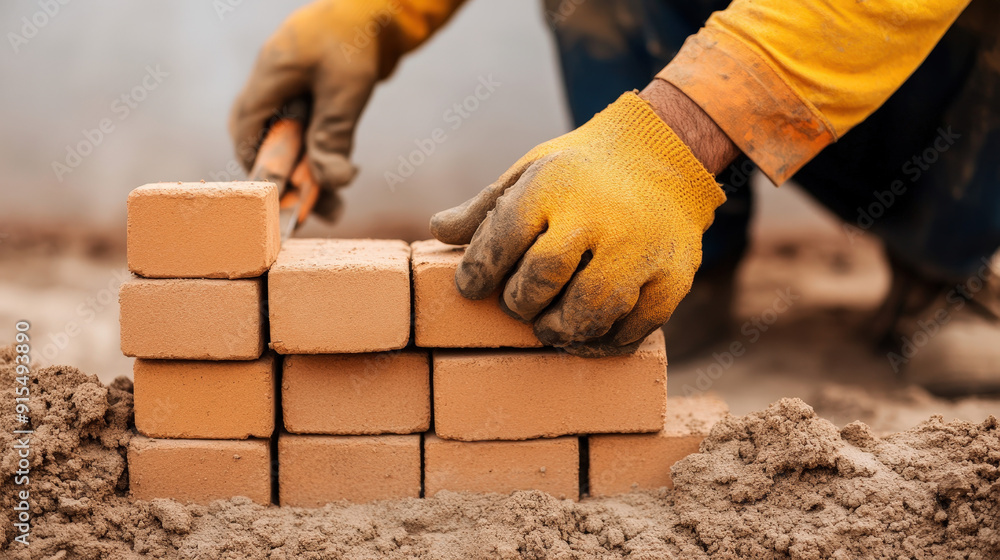 Laborer laying bricks for the foundation of an architectural design Laborer laying bricks for the foundation of an architectural design
