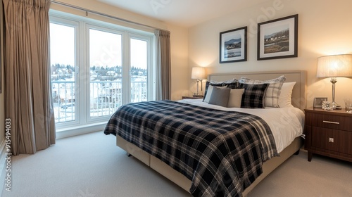 A cozy bedroom showcases a black bed with a striped blanket, wooden side tables with lamps, and large windows letting in warm natural light