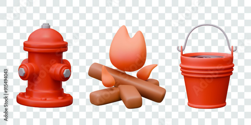 Set of red elements for design of fire fighting concepts. Fireplug, bonfire, bucket of water