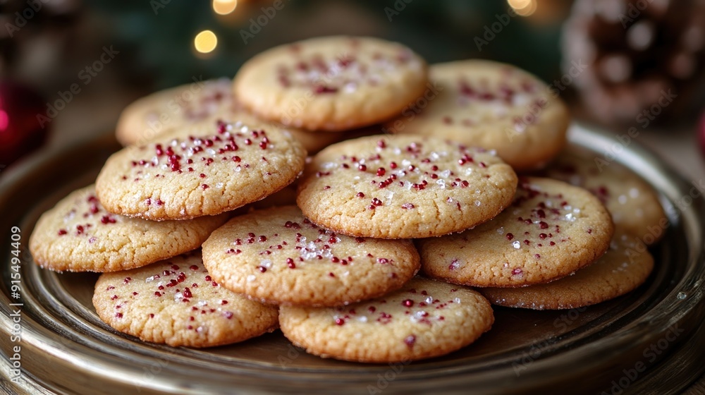 A delicious stack of Christmas cookies topped with festive sprinkles. A delicious stack of Christmas cookies topped with festive sprinkles.