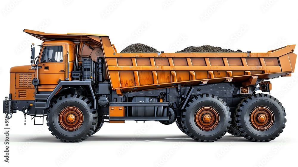 Obraz premium Heavy-duty dump truck, isolated on white, side profile, highly detailed, clear and professional, perfect for advertising
