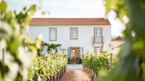 Portuguese quinta, whitewashed walls, terracotta roof, vineyard