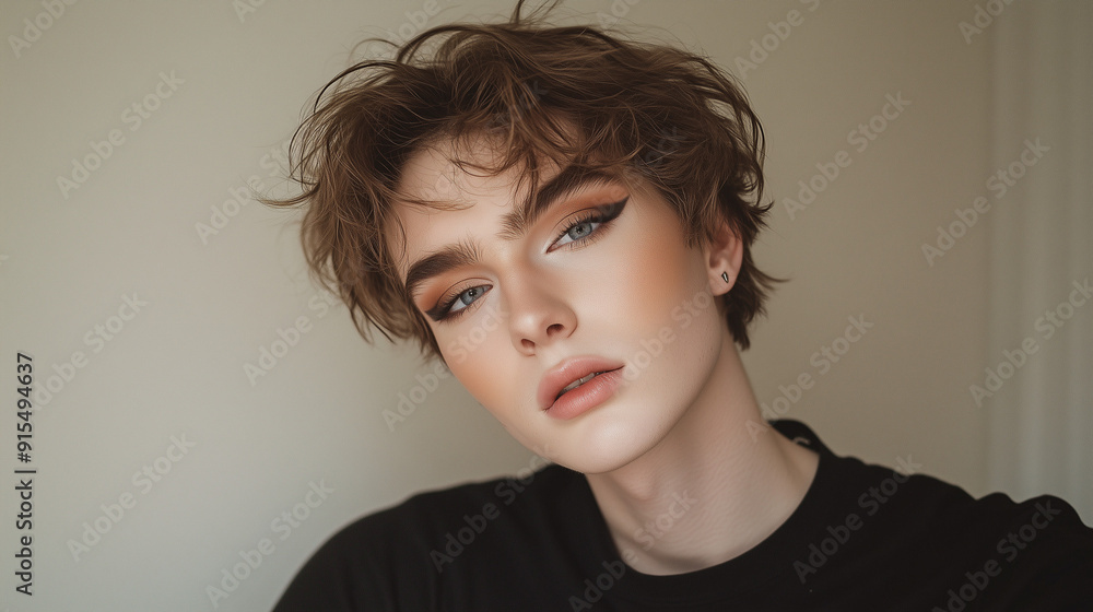 A beauty editorial style close up photo of a gorgeous trans or non binary person wearing immaculate makeup, looking directly to camera, landscape format wide 16:9 A beauty editorial style close up photo of a gorgeous trans or non binary person wearing immaculate makeup, looking directly to camera, landscape format wide 16:9
