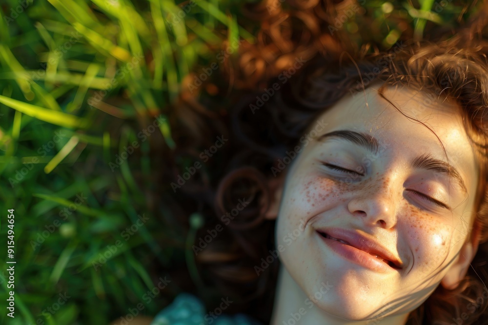Young woman with freckles enjoying the sun on grass in relaxing moment, copy space Young woman with freckles enjoying the sun on grass in relaxing moment, copy space
