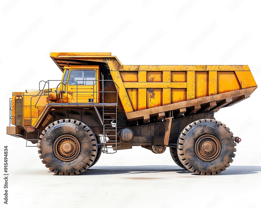 Fototapeta premium Industrial dump truck, isolated on white, detailed side view, high resolution, robust and powerful, perfect for marketing