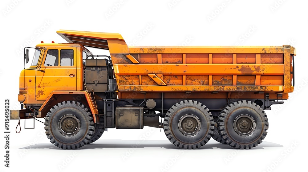 Fototapeta premium Wywrotka przemysłowa, na białym tle, kąt boczny, wysoka rozdzielczość, realistyczna tekstura, do użytku profesjonalnego