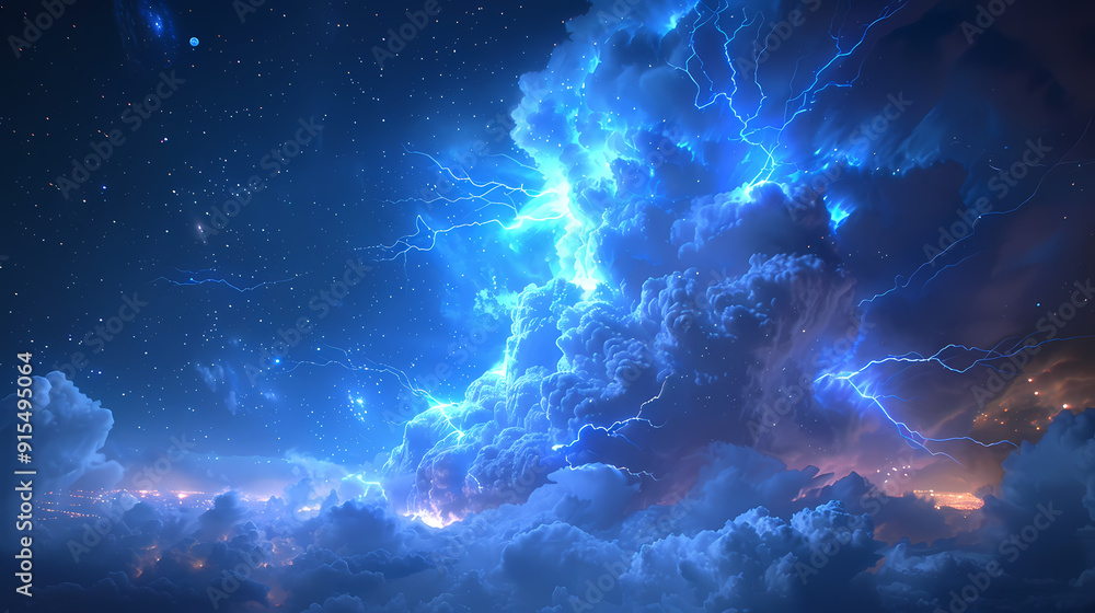 The Blue Jet lightning phenomenon occurs in the upper atmosphere. When powerful blue lightning flashes shoot up from the tops of high cumulonimbus clouds. The Blue Jet lightning phenomenon occurs in the upper atmosphere. When powerful blue lightning flashes shoot up from the tops of high cumulonimbus clouds.