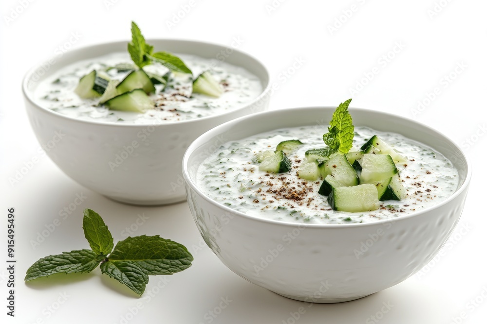 Two Bowls of Creamy Cucumber and Mint Soup with Black Pepper Two Bowls of Creamy Cucumber and Mint Soup with Black Pepper