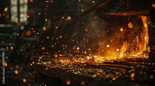 A busy blacksmitha??s forge with glowing metal and sparks flying.