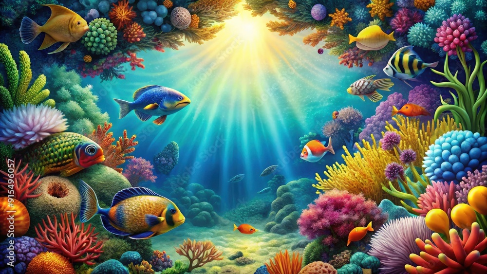 Artistic display of oceanic themes with vibrant colors and intricate designs, ocean, sea, underwater, marine life, waves, aquatic Artistic display of oceanic themes with vibrant colors and intricate designs, ocean, sea, underwater, marine life, waves, aquatic