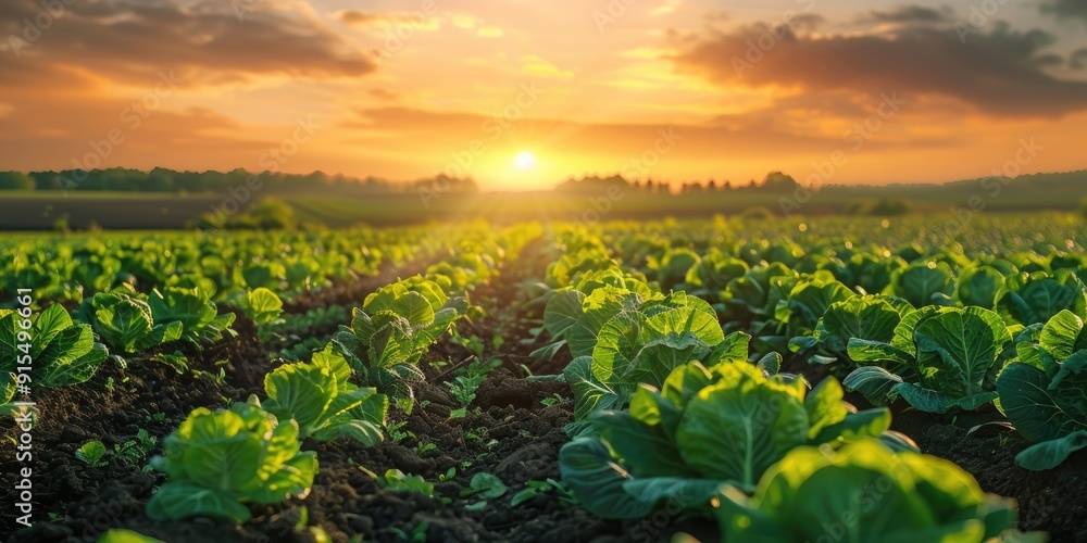 Fototapeta premium Breathtaking sunset over vibrant vegetable field with young lettuce or cabbage plants