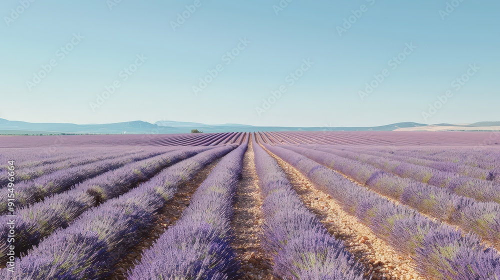 A serene lavender field in Provence, France, in full bloom. The rows of purple flowers stretch out as far as the eye can see, under a clear blue sky A serene lavender field in Provence, France, in full bloom. The rows of purple flowers stretch out as far as the eye can see, under a clear blue sky